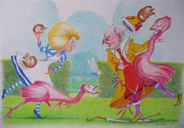 Alice and the Queen of Hearts go head to head on the Croquet lawn
