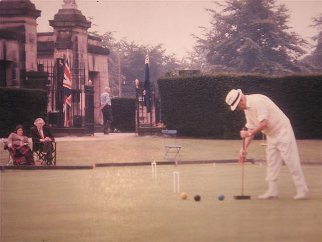 Croquet. Gordon Rowling playing for N.Z. against England at Nottingham England 1974 MacRobertson Shield Test Series.