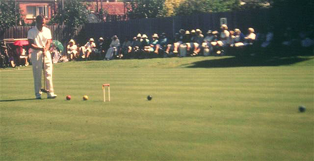 Croquet. John Solomon England about to rush yellow into perfect position for the peel at rover against Australia at Melbourne Australia 1969 MacRobertson Shield Test Series.