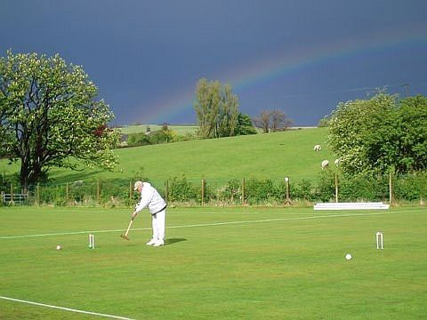 Croquet. David Pollitt a member of Pendle & Craven Croquet Club plaing in a league match at our croquet club.